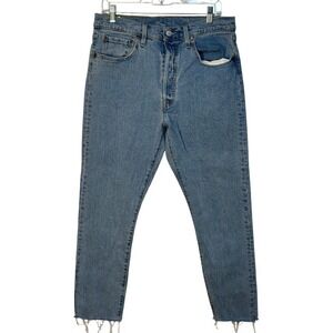 Levis 501s Skinny Filiforme Jeans Light Wash Denim Distress Hem Button Fly 32/28